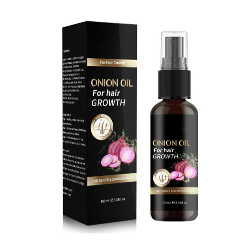 100ml Onion Hair Care Oil for All Hair Types with moisturizing benefits, shown with product box and spray bottle for hair growth treatment.