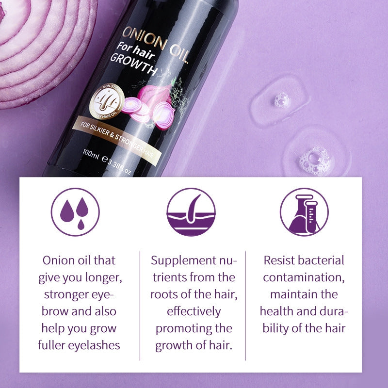 100ml Onion Hair Care Oil for All Hair Types with moisturizing benefits, shown with product bottle and benefits like hair growth and scalp health.