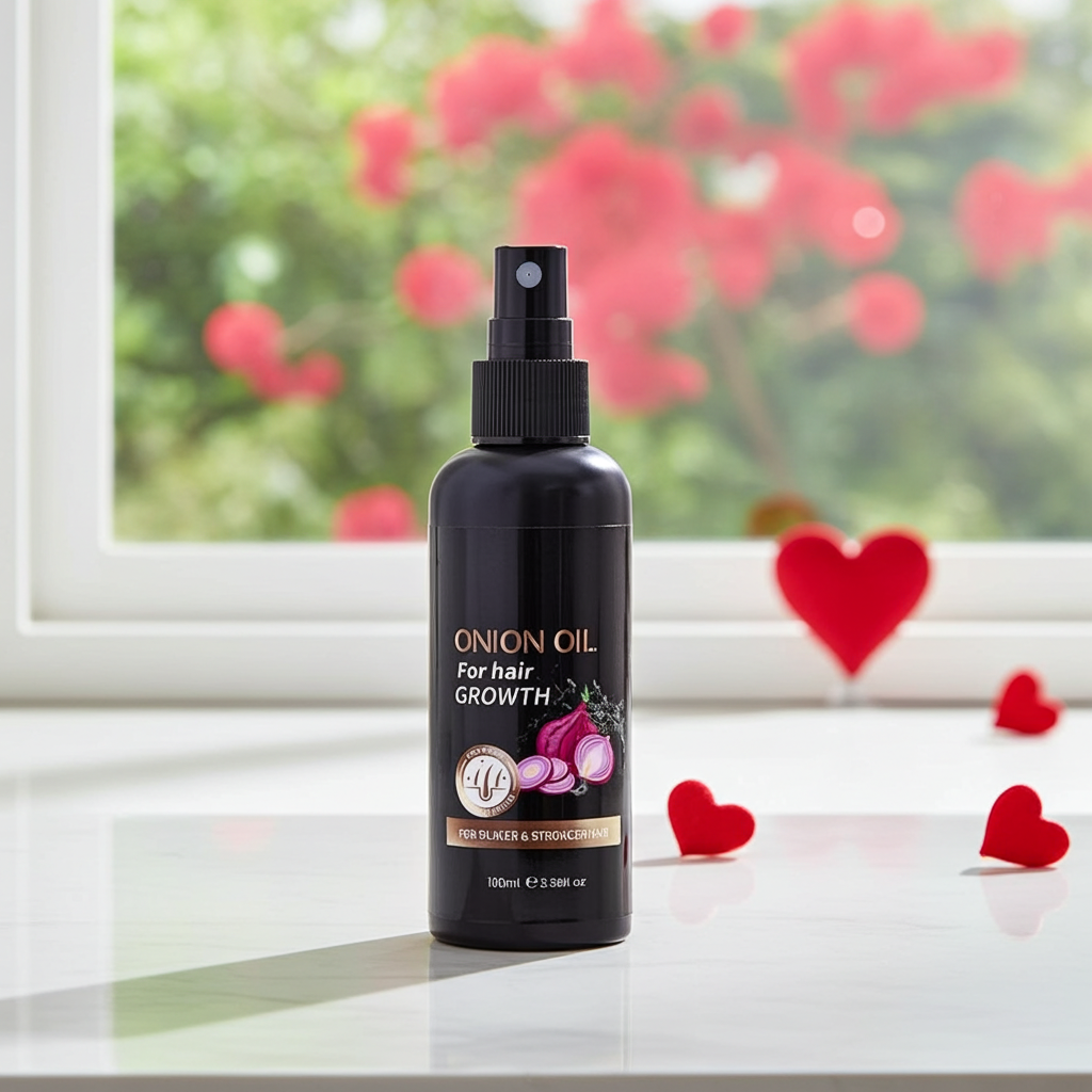 Flacon de 100ml d'huile capillaire à l'oignon pour tous types de cheveux, favorisant la croissance et l'hydratation. Présenté sur fond floral romantique.