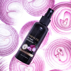 100ml Onion Hair Care Oil for All Hair Types with moisturizing benefits, shown with sliced red onions to highlight natural ingredients.